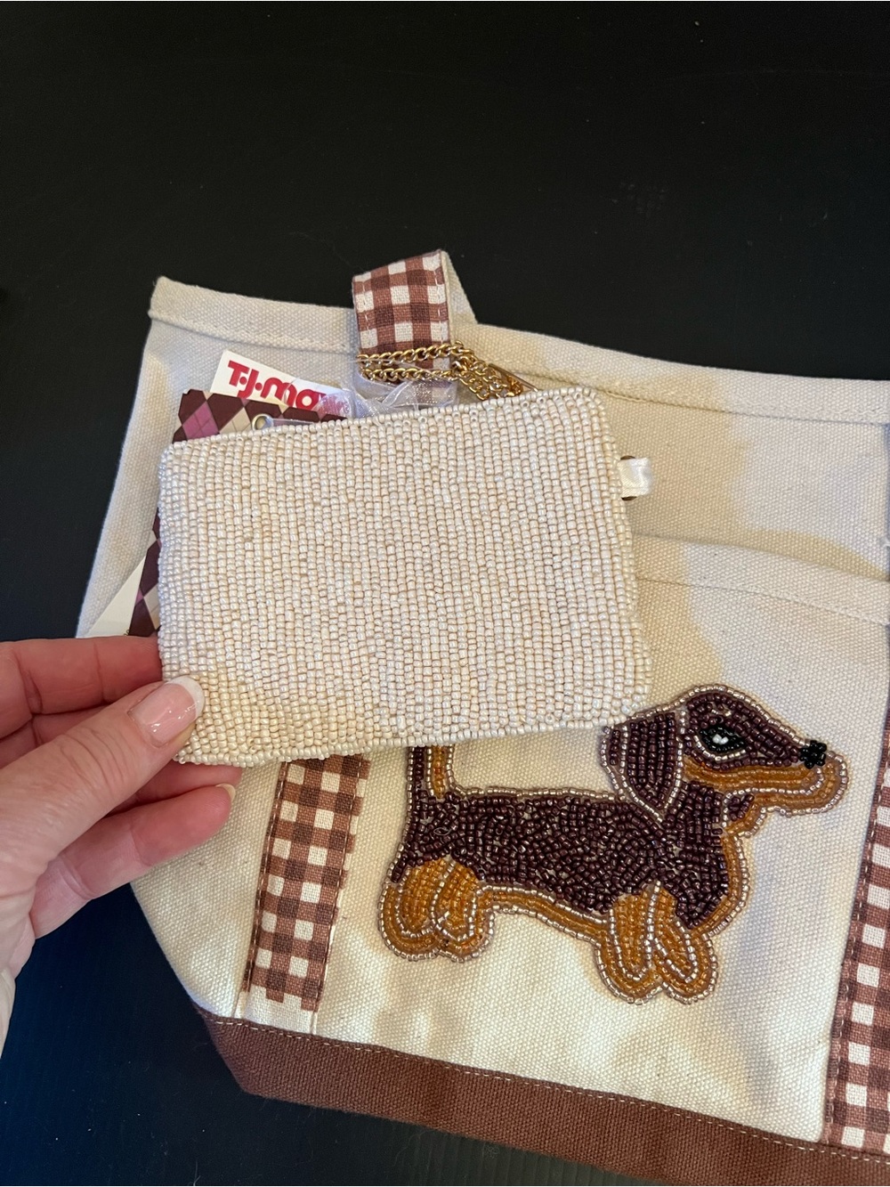 Beaded Dachshund Canvas Tote Bag - Beige and Brown - Picture 4 of 5